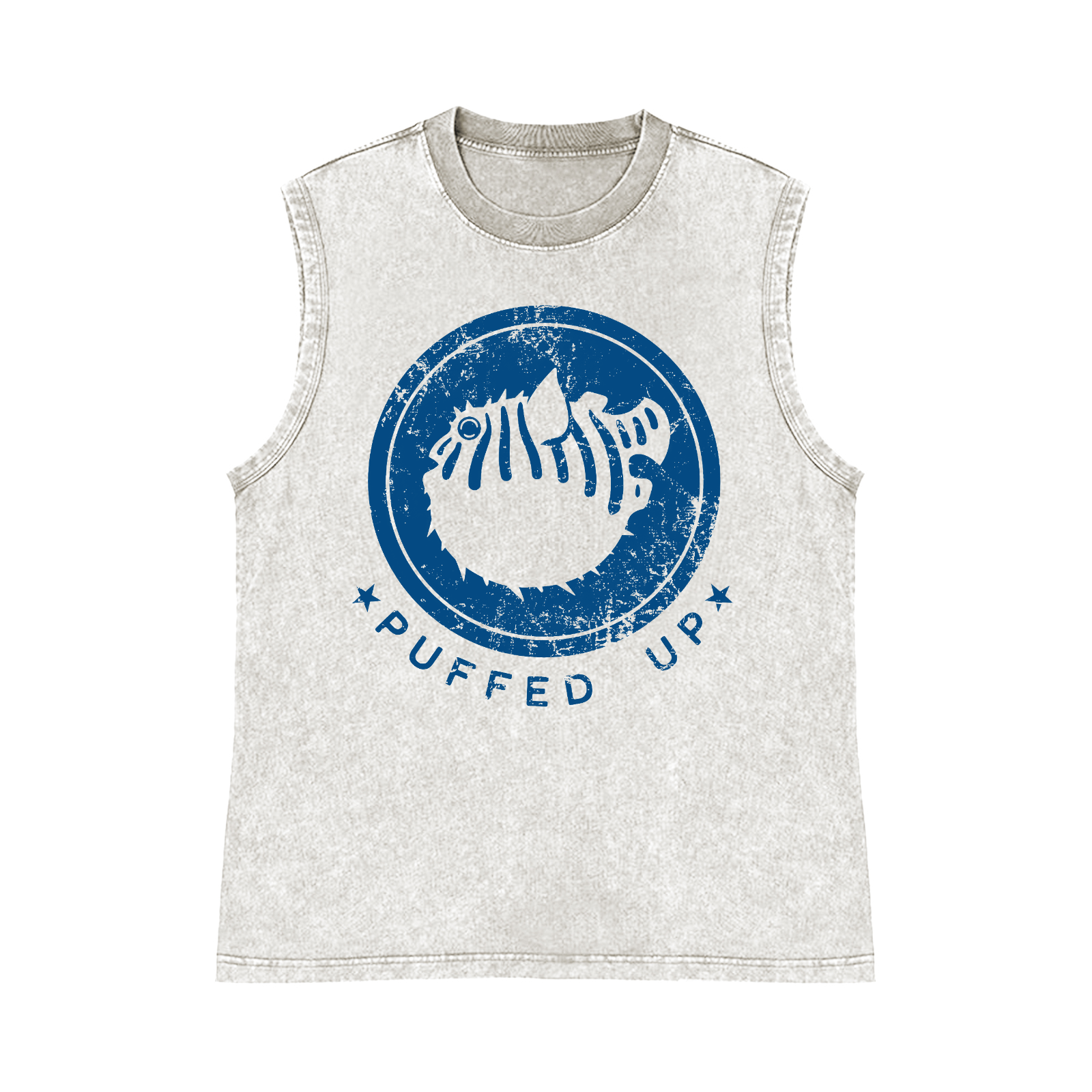 Puffed Up Fugu Fish Pure Cotton Wash-Dyed Sleeveless Tank Top