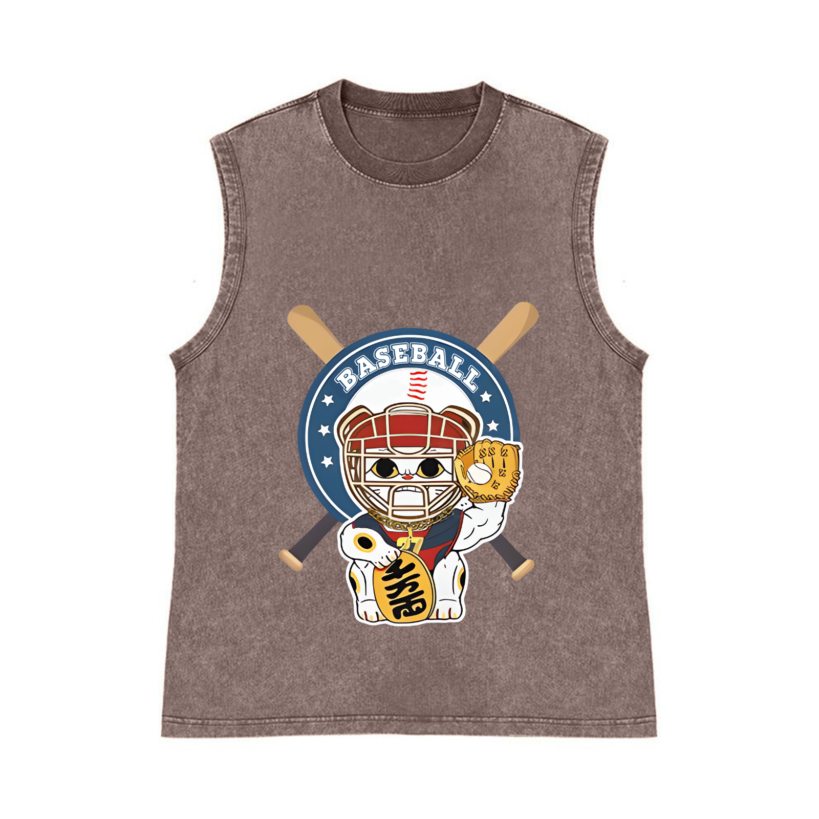 Baseball Maneki neko Pure Cotton Wash-Dyed Sleeveless Tank Top