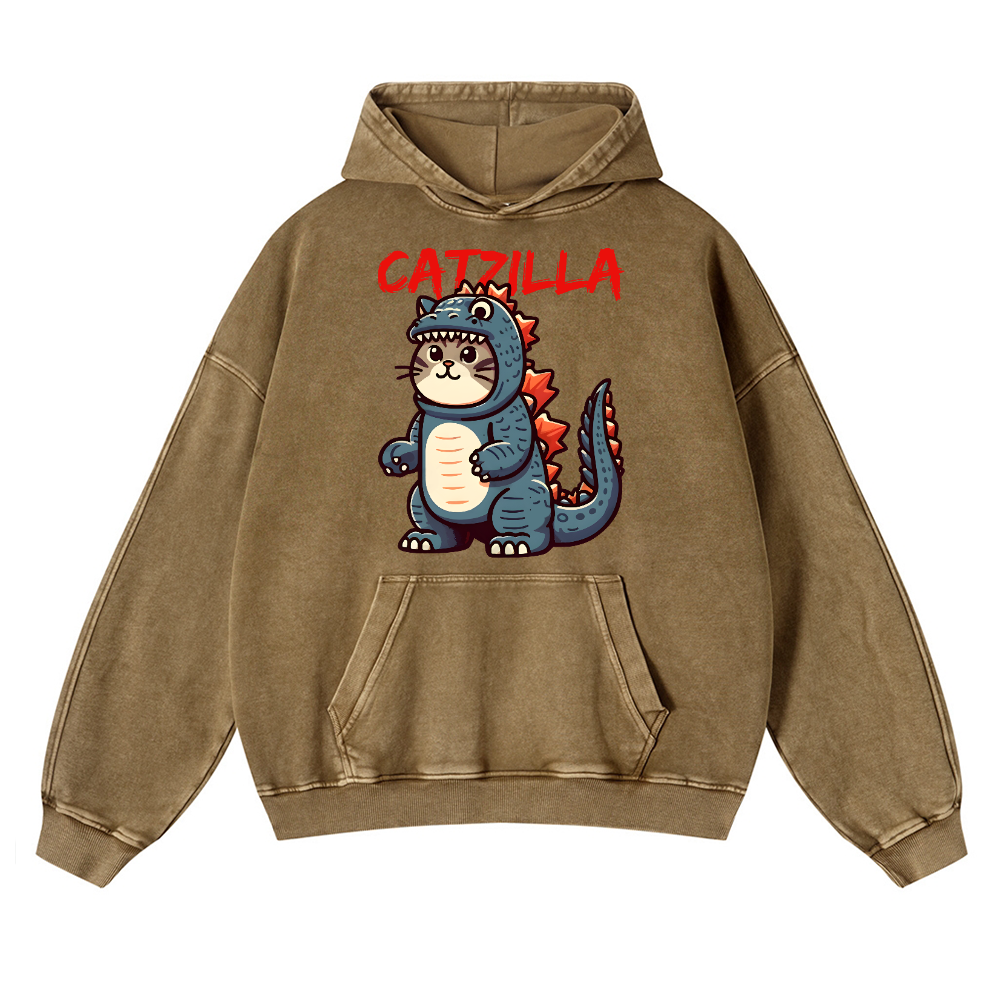 Catzilla Cat Godzilla Vintage Washed Thick Cotton Hoodie