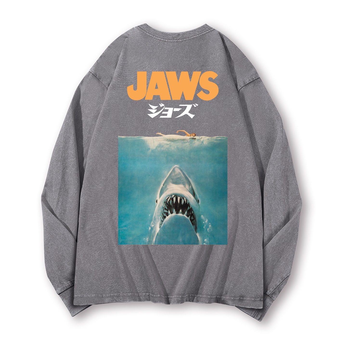 Jaws Shark Vintage Washed Cotton Back Art Long-sleeve T-shirt