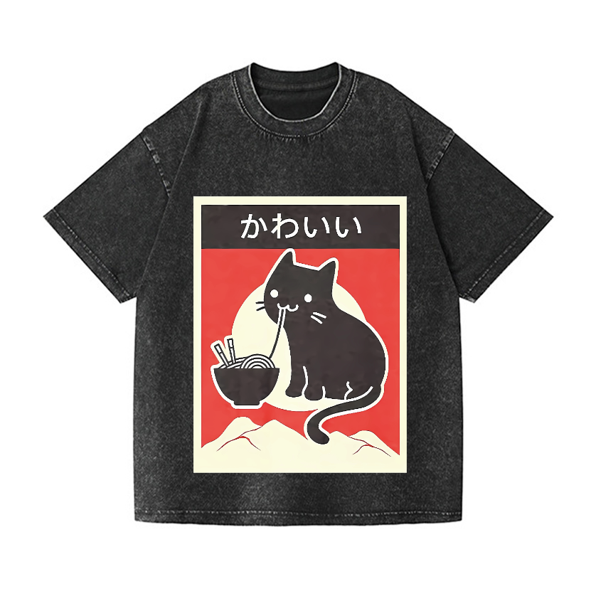 Ramen Cat Vintage Wash Japanese Design T-Shirt