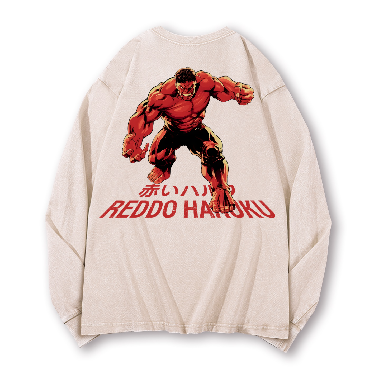 Reddo Haruku Vintage Washed Cotton Back Art Long-sleeve T-shirt