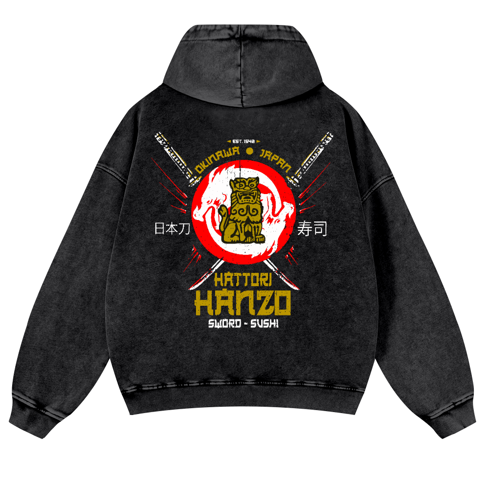 Okinawa Japan Hattori Hanzo Sushi Vintage Washed Cotton Back Art Hoodie