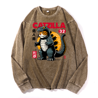 Catzilla Cat Godzilla Vintage Cotton Wash Crewneck Sweatshirt