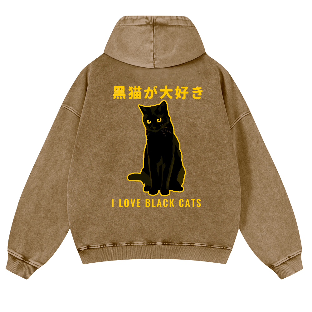 Black Cat Vintage Washed Cotton Back Art Hoodie