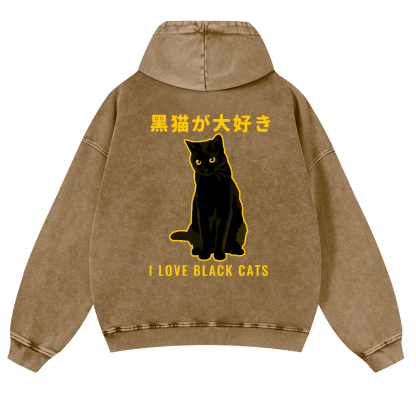 Black Cat Vintage Washed Cotton Back Art Hoodie