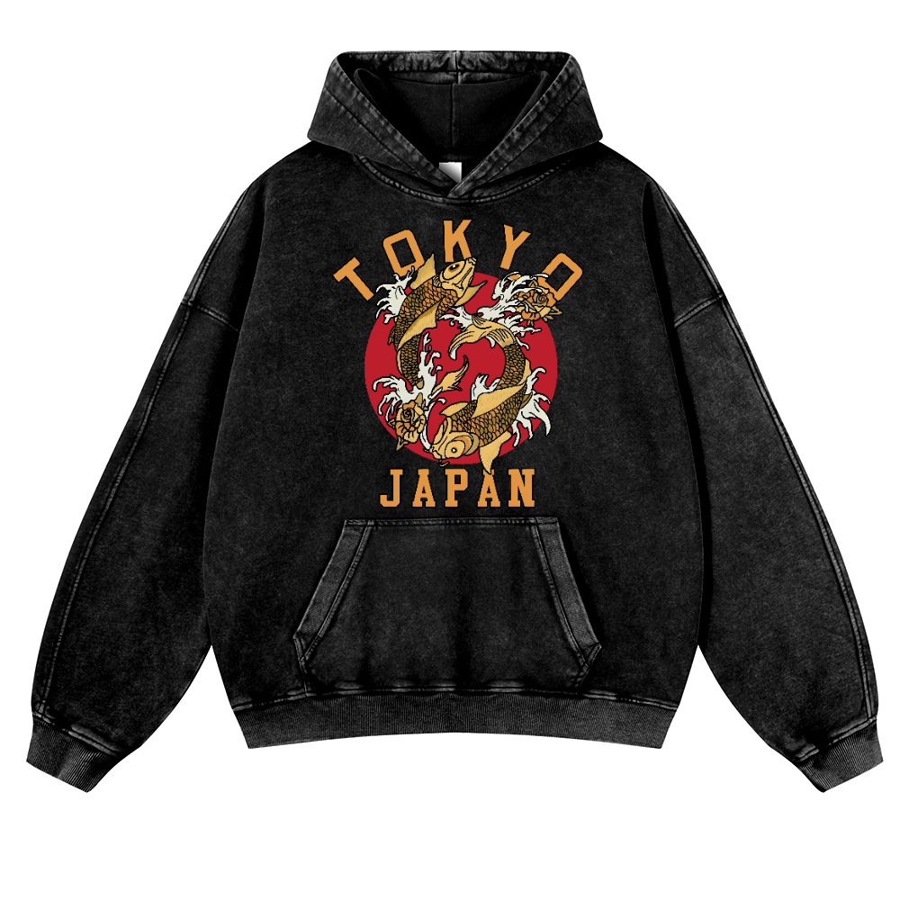 Tokyo Japan Fish Vintage Washed Thick Cotton Hoodie
