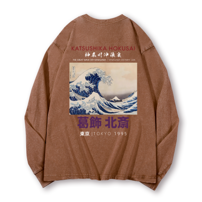 Katsushika Hokusai Vintage Washed Cotton Back Art Long-sleeve T-shirt
