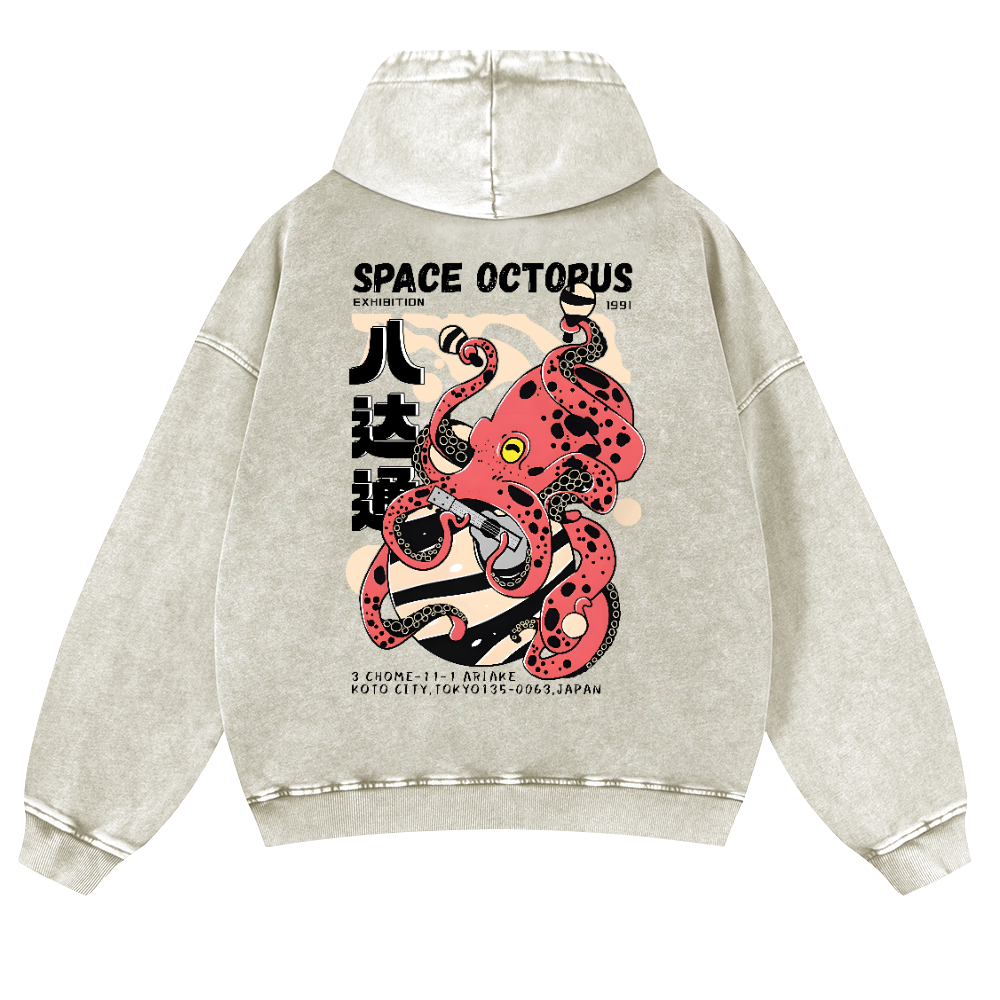 Space Octopus Vintage Washed Cotton Back Art Hoodie