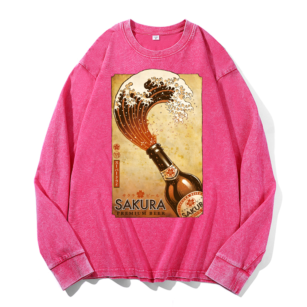 Sakura Wave Vintage Cotton Wash Crewneck Sweatshirt