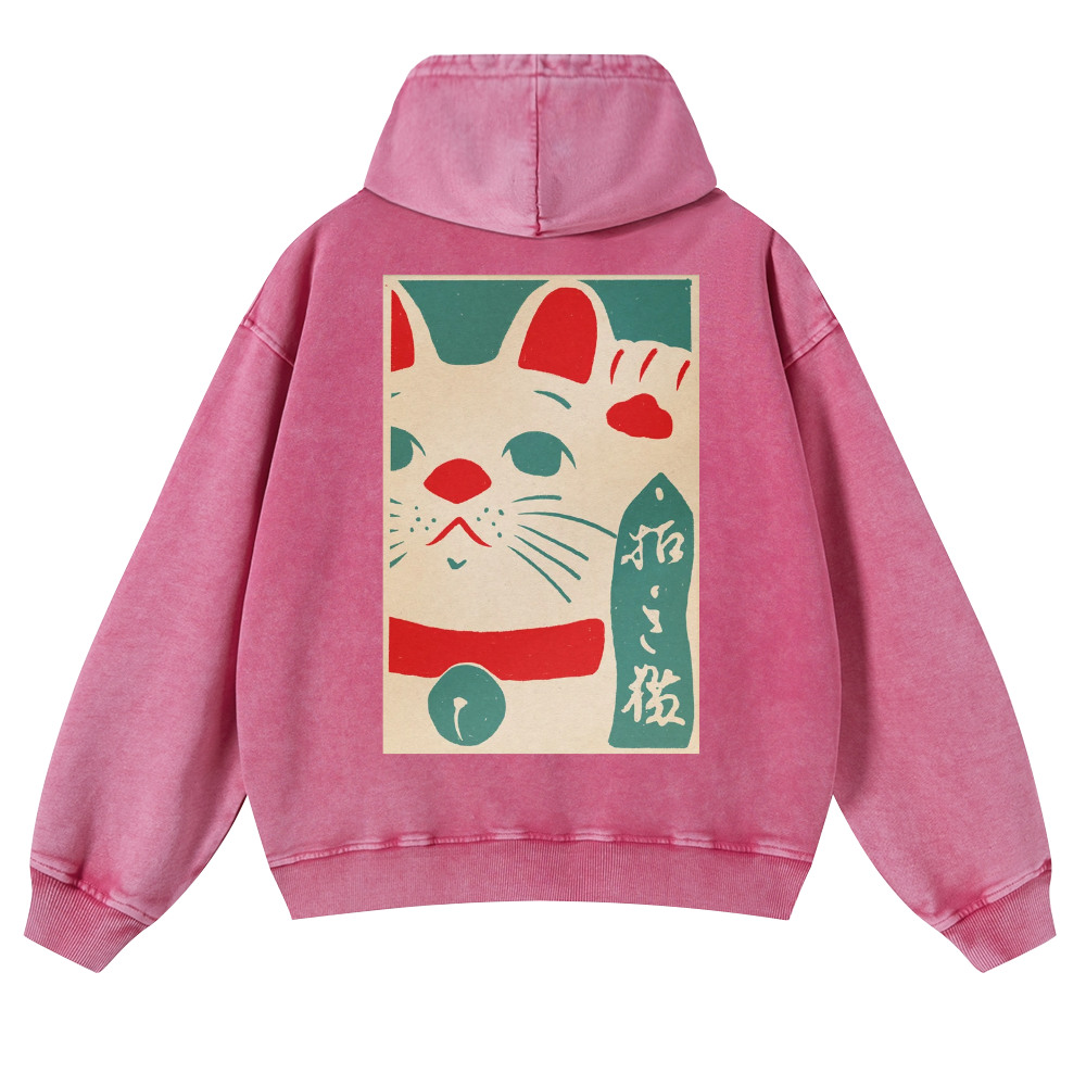 Lucky Cat Vintage Washed Cotton Back Art Hoodie