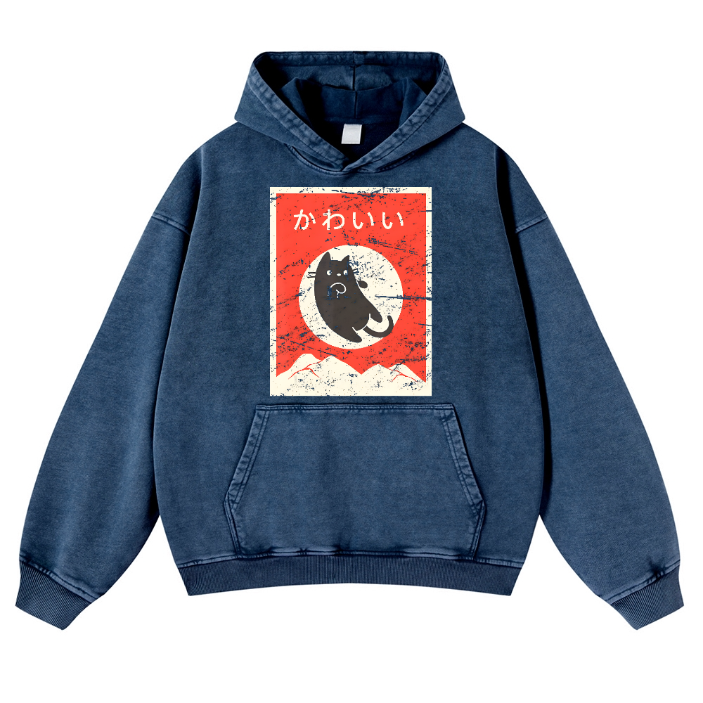 The Jumping Black Cat Vintage Washed Thick Cotton Hoodie