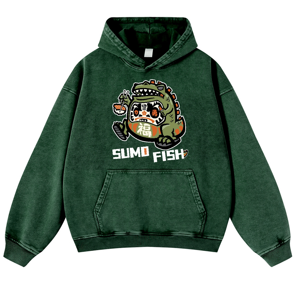 Sumo Fish Daruma Sushi Vintage Washed Thick Cotton Hoodie