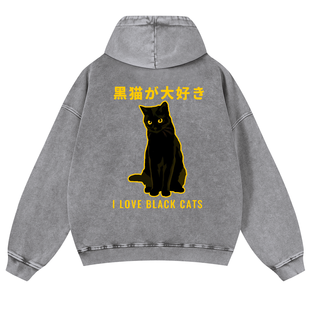 Black Cat Vintage Washed Cotton Back Art Hoodie