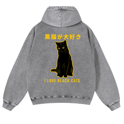 Black Cat Vintage Washed Cotton Back Art Hoodie