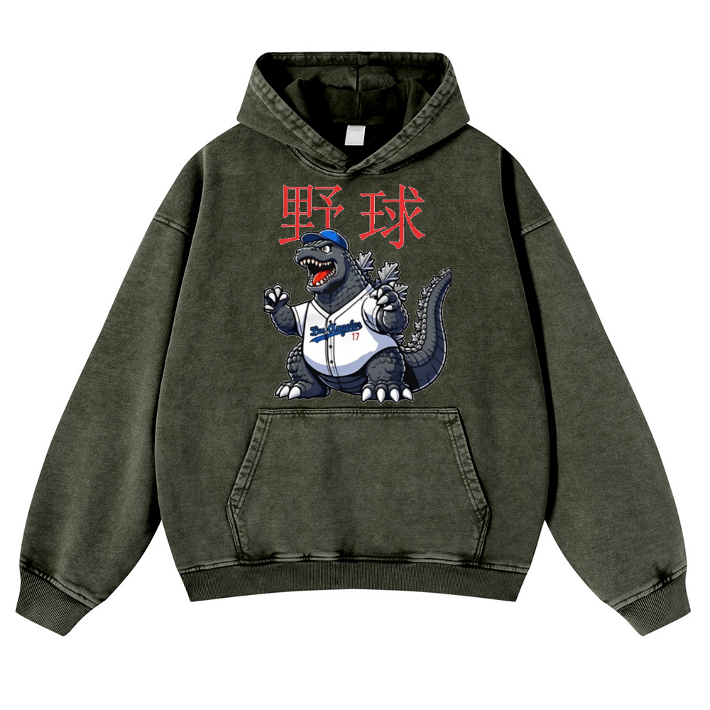 Godzilla's Baseball Adventure Vintage Washed Thick Cotton Hoodie