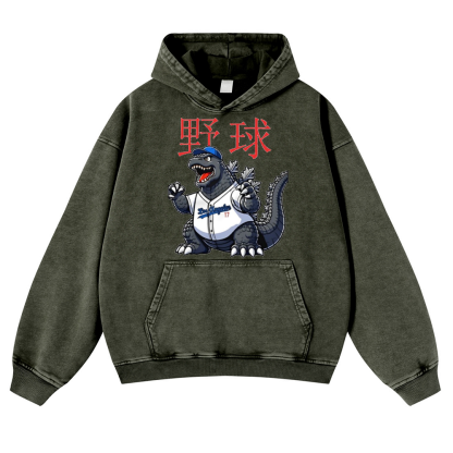 Godzilla's Baseball Adventure Vintage Washed Thick Cotton Hoodie