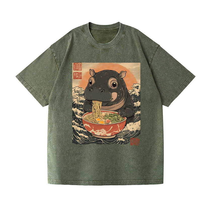 Ramen Hippo Ukiyoe Wave Vintage Wash Japanese Design T-Shirt