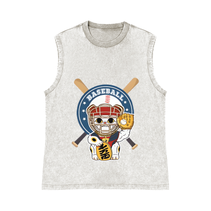 Baseball Maneki neko Pure Cotton Wash-Dyed Sleeveless Tank Top
