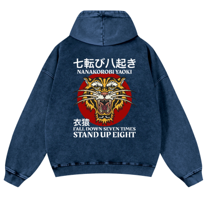Nanakorobi Yaoki Tiger Vintage Washed Cotton Back Art Hoodie
