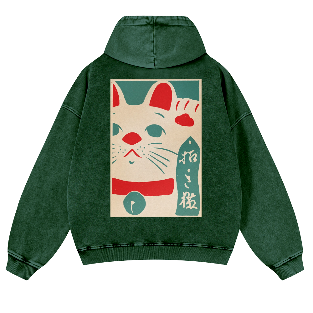Lucky Cat Vintage Washed Cotton Back Art Hoodie