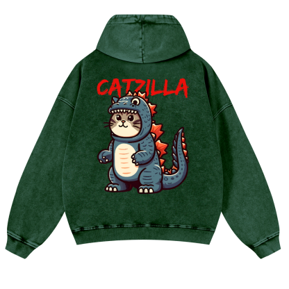 Cat Godzilla Catzilla Vintage Washed Cotton Back Art Hoodie