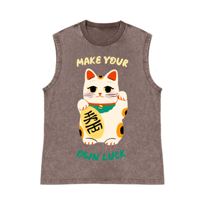 Lucky Cat Pure Cotton Wash-Dyed Sleeveless Tank Top