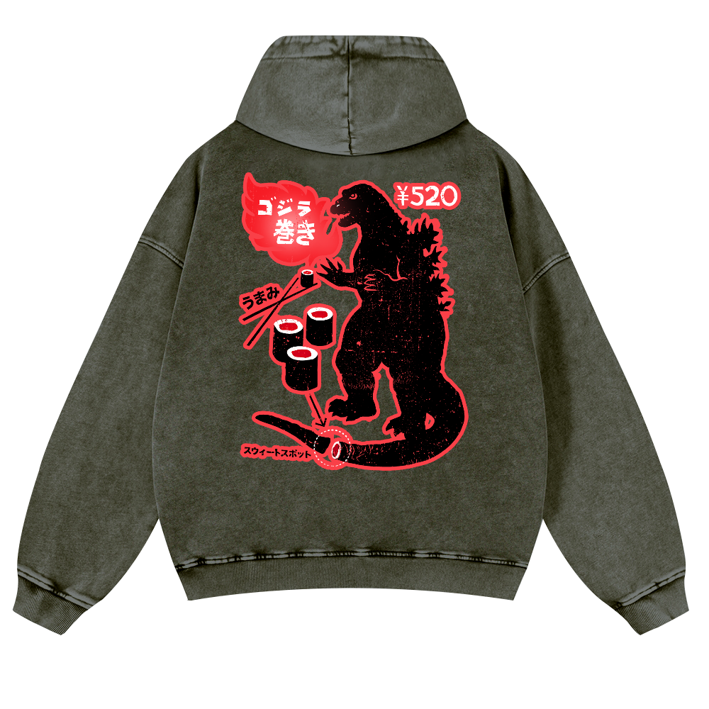 Godzilla Sushi Vintage Washed Cotton Back Art Hoodie
