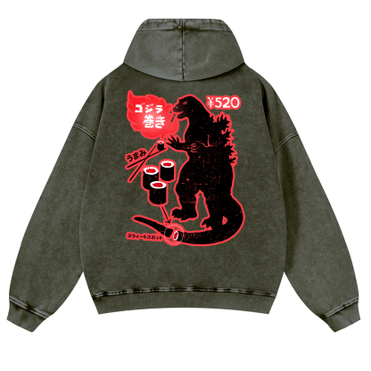 Godzilla Sushi Vintage Washed Cotton Back Art Hoodie