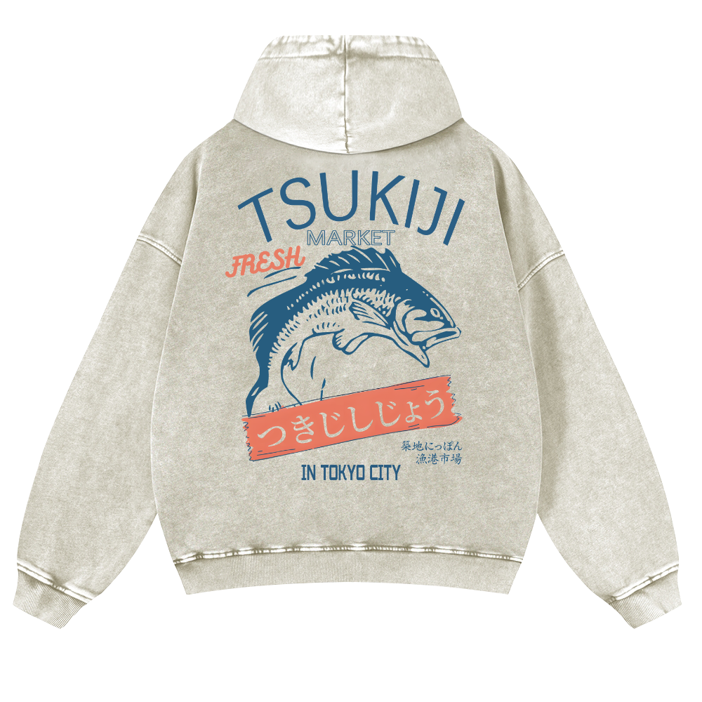 Tsukiji Fish Market Vintage Washed Cotton Back Art Hoodie