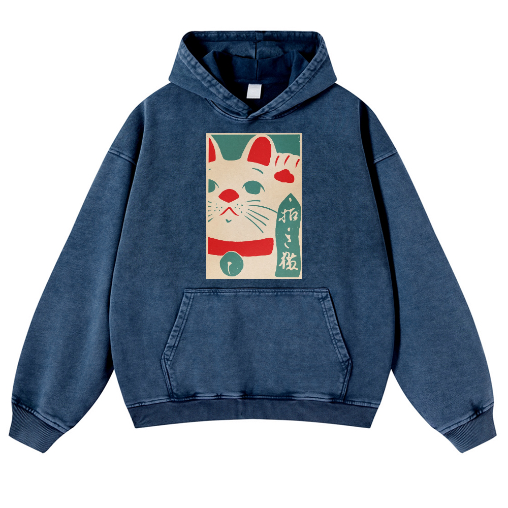 Lucky Cat Vintage Washed Thick Cotton Hoodie