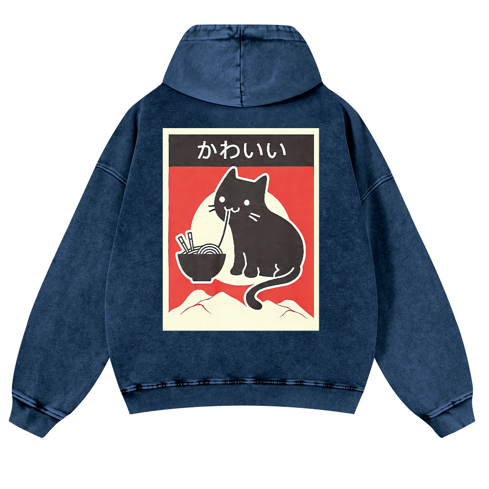 Ramen Cat Vintage Washed Cotton Back Art Hoodie