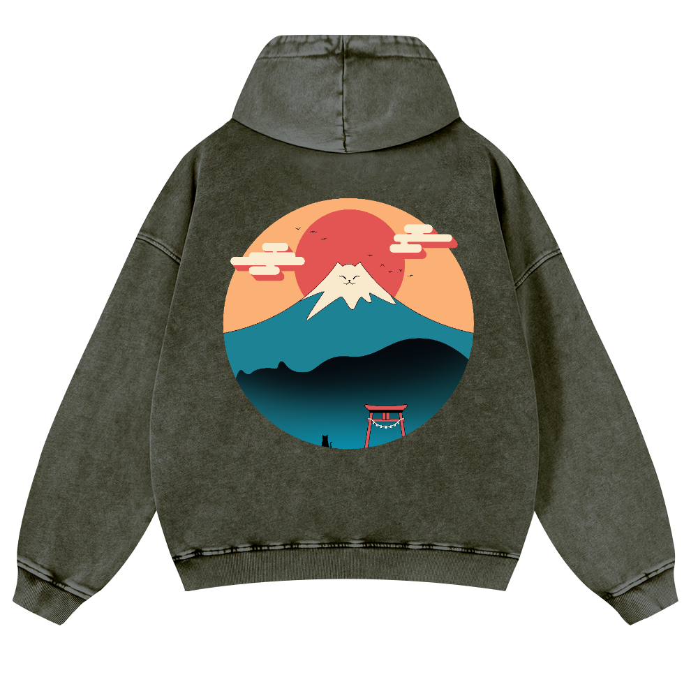 Cat Mount Fuji Vintage Washed Cotton Back Art Hoodie