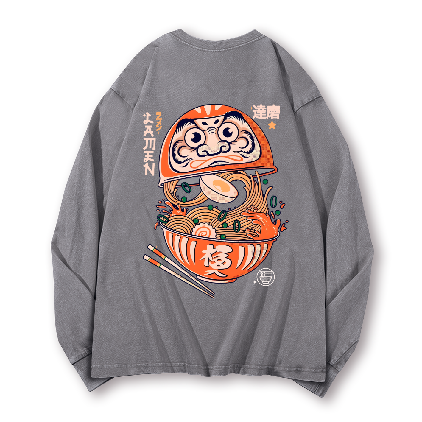 Daruma Ramen Vintage Washed Cotton Back Art Long-sleeve T-shirt