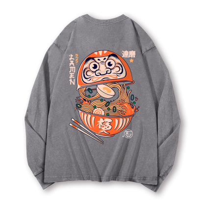 Daruma Ramen Vintage Washed Cotton Back Art Long-sleeve T-shirt
