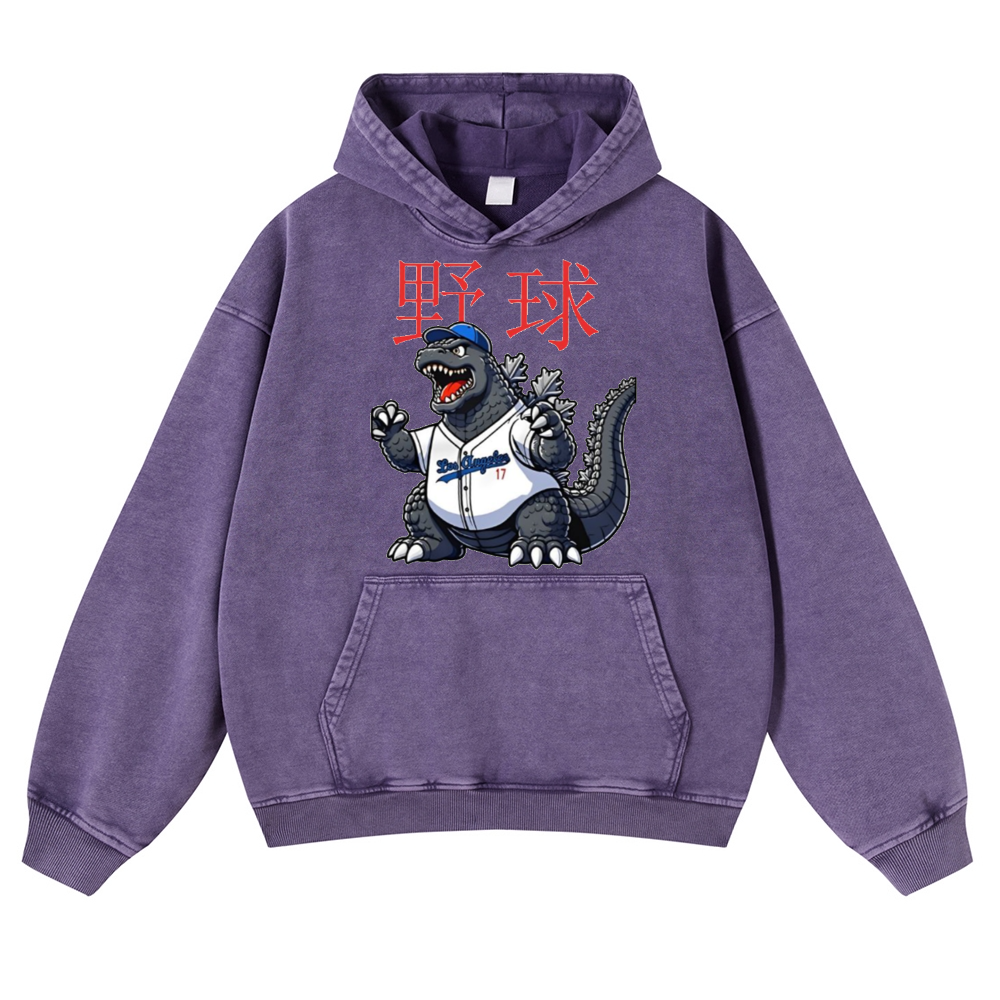 Godzilla's Baseball Adventure Vintage Washed Thick Cotton Hoodie