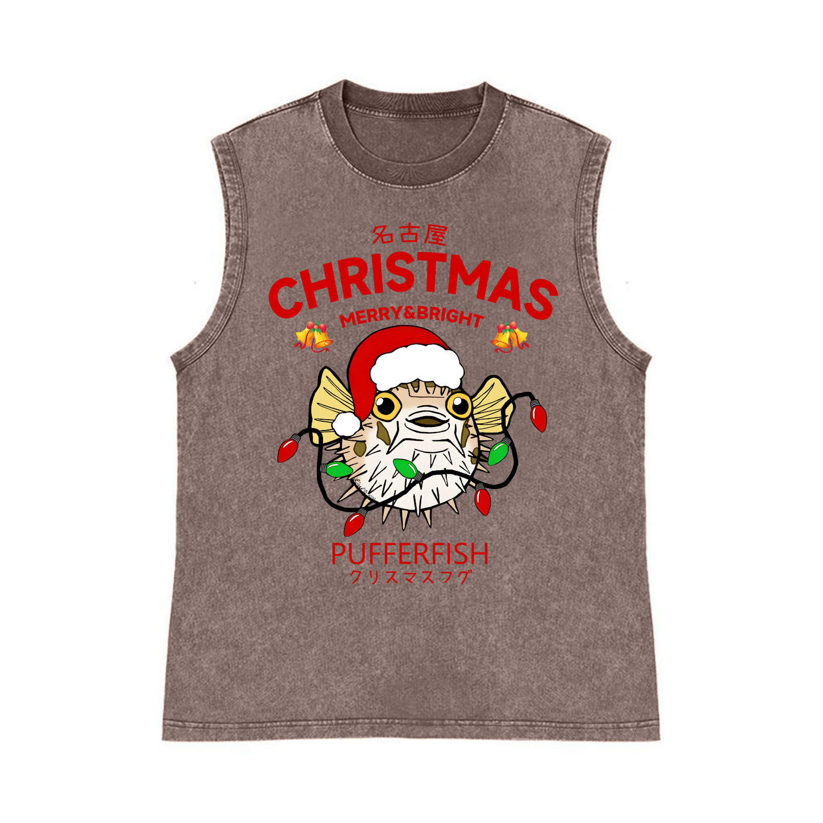 Puffer Fish Fugu Pure Cotton Wash-Dyed Sleeveless Tank Top