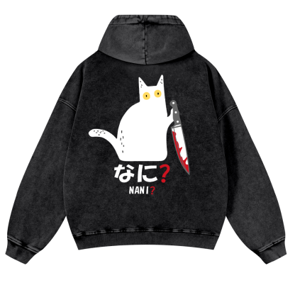 The Black Cat with a Knife Vintage Washed Cotton Back Art Hoodie