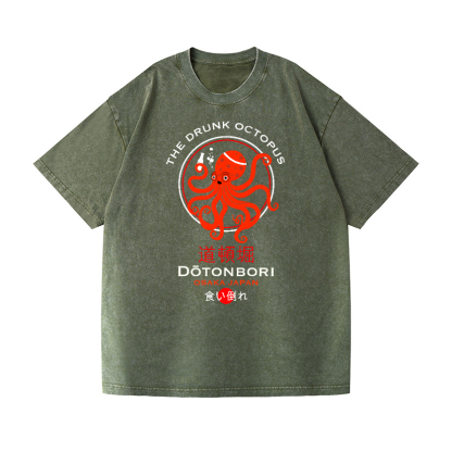 The Drunk Octopus Dotonbori Osaka Japan Vintage Wash Japanese Design T-Shirt