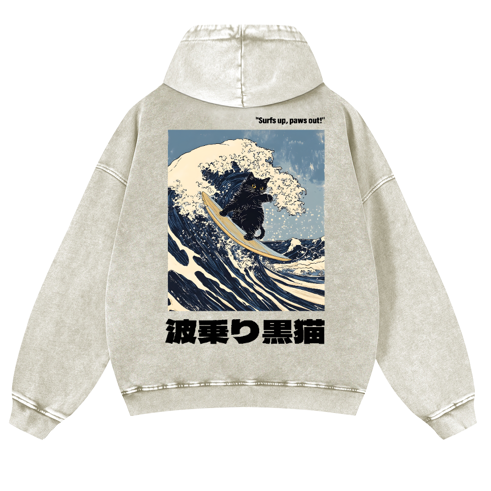Black Cat Great Wave Vintage Washed Cotton Back Art Hoodie