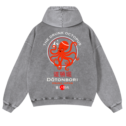 The Drunk Octopus Dotonbori Osaka Japan Vintage Washed Cotton Back Art Hoodie