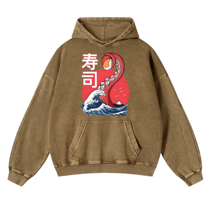Sushi Octopus Vintage Washed Thick Cotton Hoodie