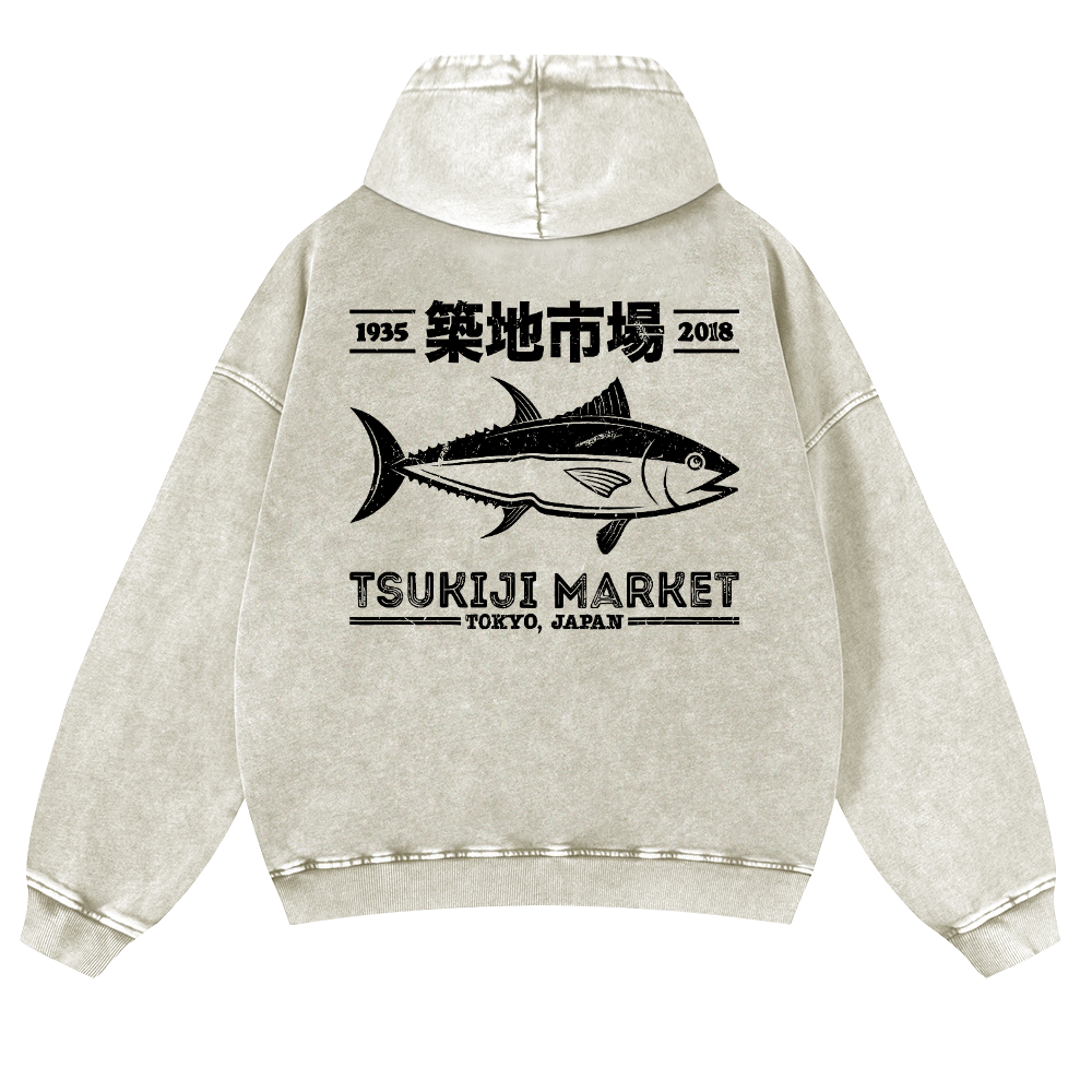 Tsukiji Market Fish Vintage Washed Cotton Back Art Hoodie