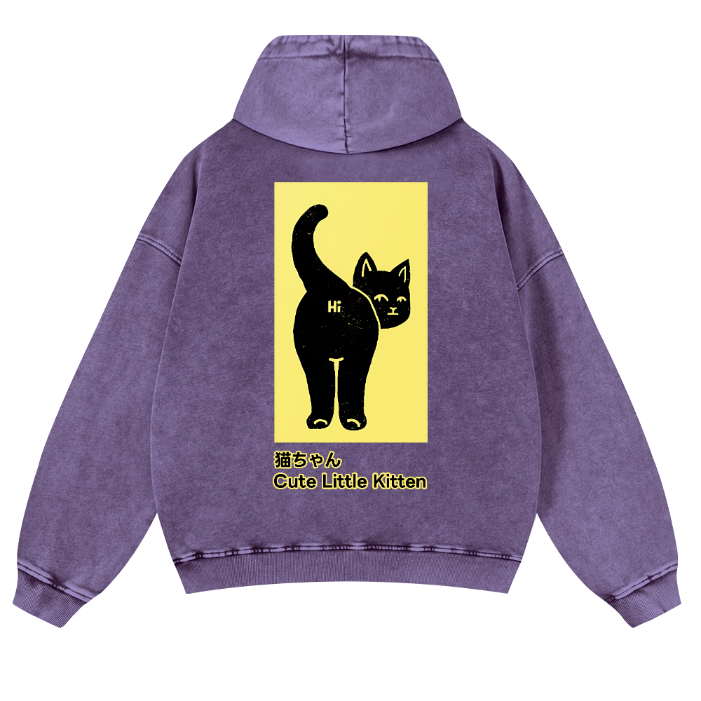 Cute Little Kitten Black Cat Vintage Washed Cotton Back Art Hoodie