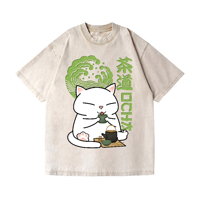 Tea Cat Vintage Wash Japanese Design T-Shirt