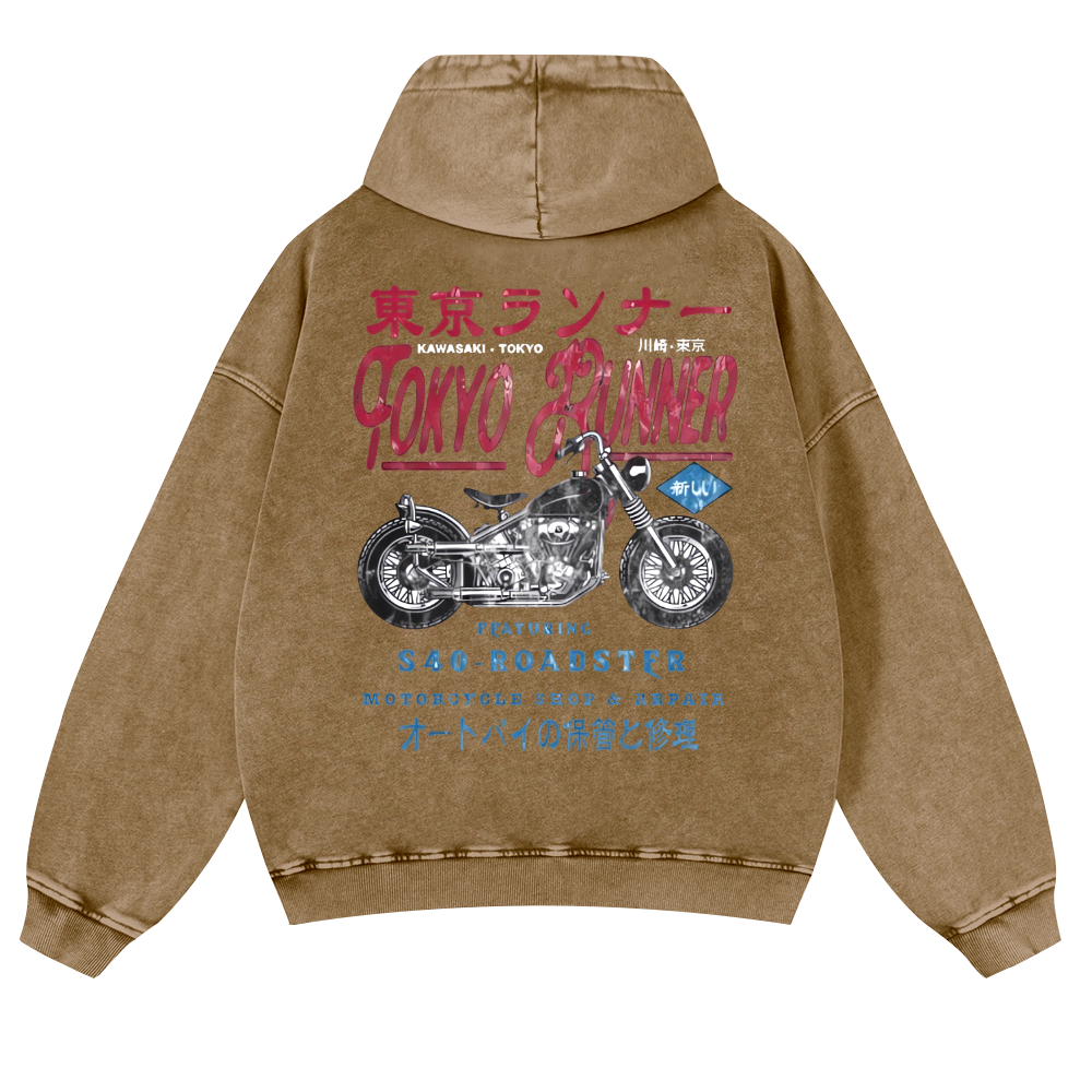 Kawasaki Motorcycle Vintage Washed Cotton Back Art Hoodie