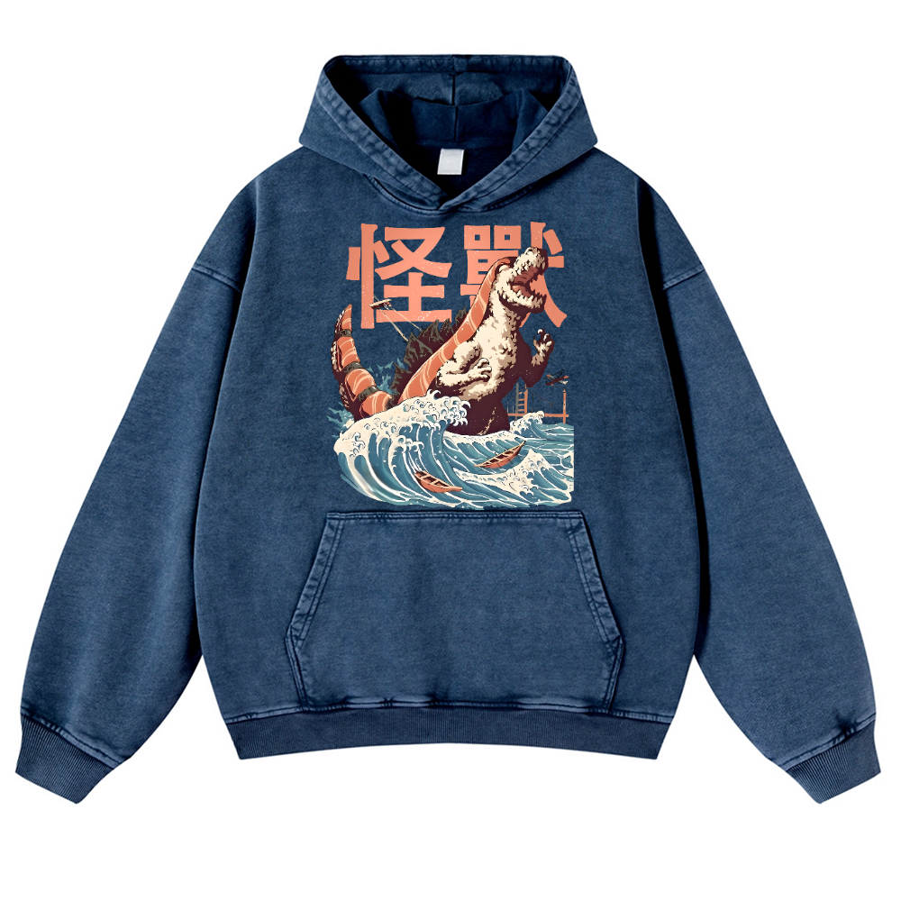 Godzilla Sushi Monster Wave Vintage Washed Thick Cotton Hoodie