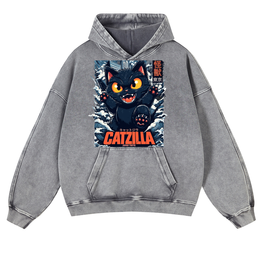 Catzilla Cat Godzilla Vintage Washed Thick Cotton Hoodie
