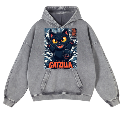 Catzilla Cat Godzilla Vintage Washed Thick Cotton Hoodie