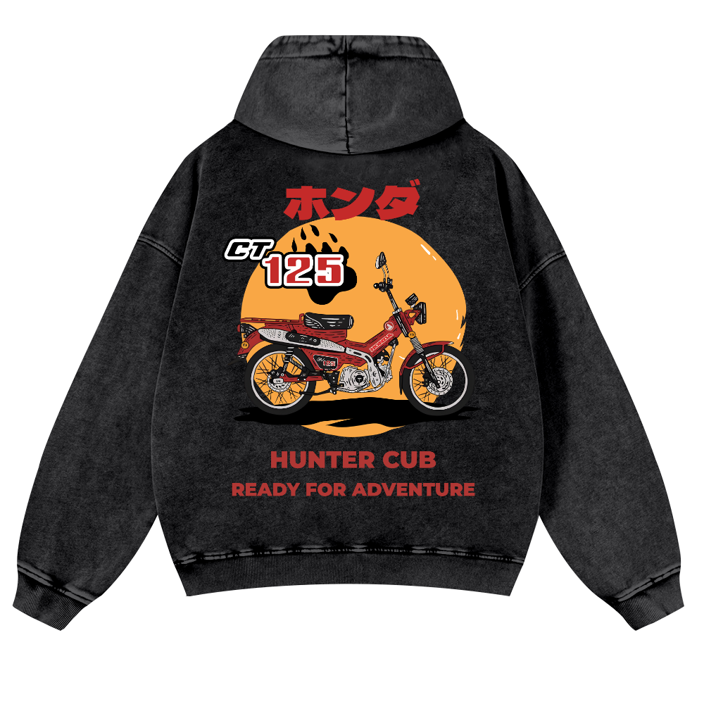 Hunter Cub Motorcycle Vintage Washed Cotton Back Art Hoodie